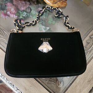 Gucci Beauty Upcycled Black and Gold Cosmetic Case with Chain Strap